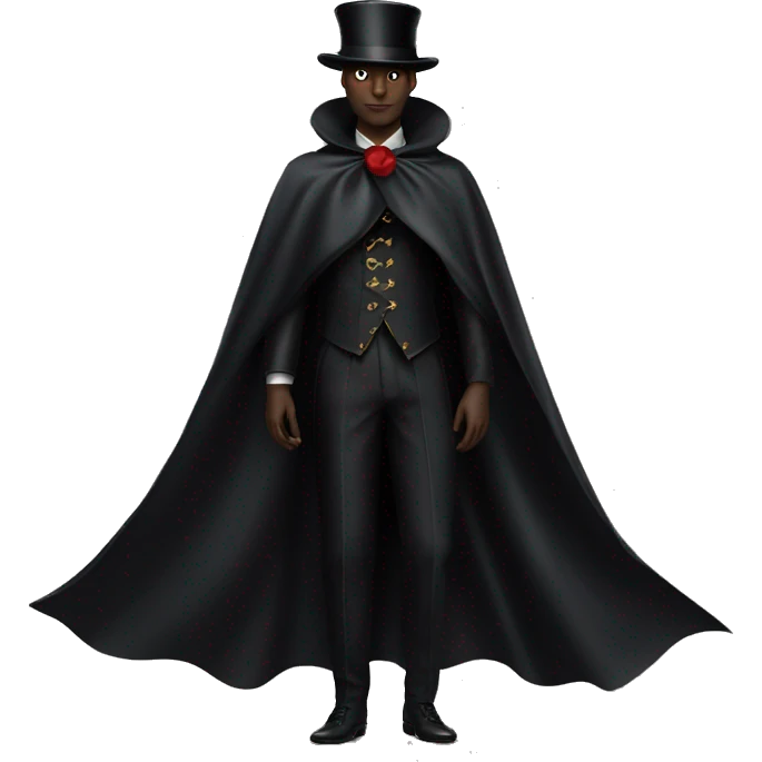 a back photo of black full body magician that has a cape that says ''Dior'', cape, text Dior emoji