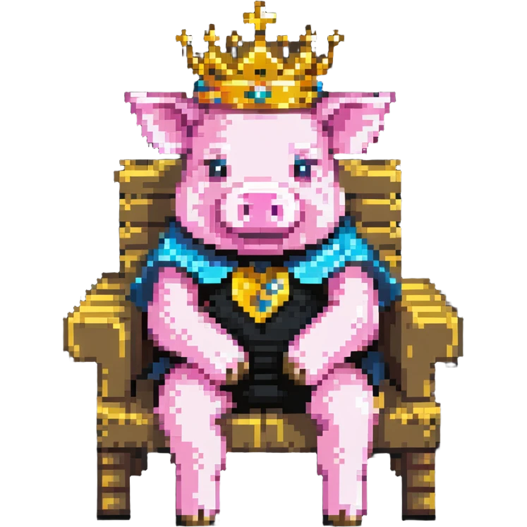 ultra-minimal pixel art pig with a golden crown sitting on a throne, blocky and square like Minecraft, inspired by Technoblade emoji
