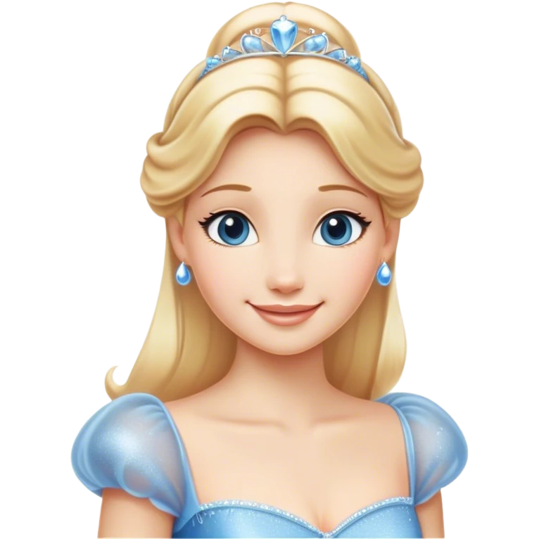 Cinematic Radiant Cinderella Portrait Emoji, rendered in a clean vector-style with bold proportions. Show Cinderella with a warm, serene smile, fair skin, and lustrous blonde hair, wearing a simple yet elegant dress that shimmers with gentle light. The image glows with an inviting, soft radiance and high shine, embodying timeless beauty. emoji