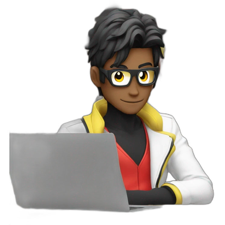 developer behind his laptop with this style :  goldorak manga anime with developer themed character emoji