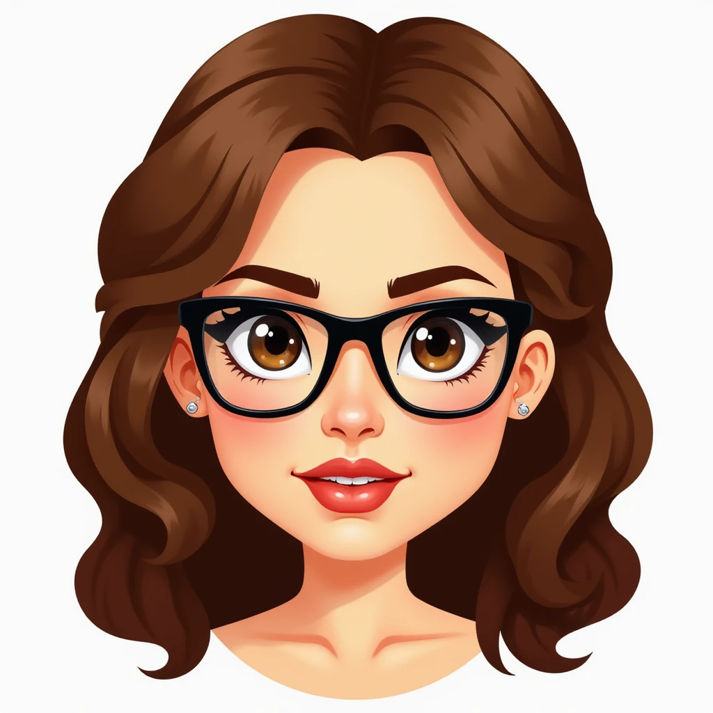 emoji de mujer linda de tez morena clara, rostro redondo u ovalado, ojos marrones, cabello ondulado marrón, labios medianos y gafas, estilo ilustración realista emoji