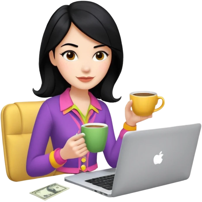  woman character with laptop and coffee in Paris, dollars coming out from the screen floating, colorful chic outfit, white laptop, Pixar style, black hair, fair skin,  emoji