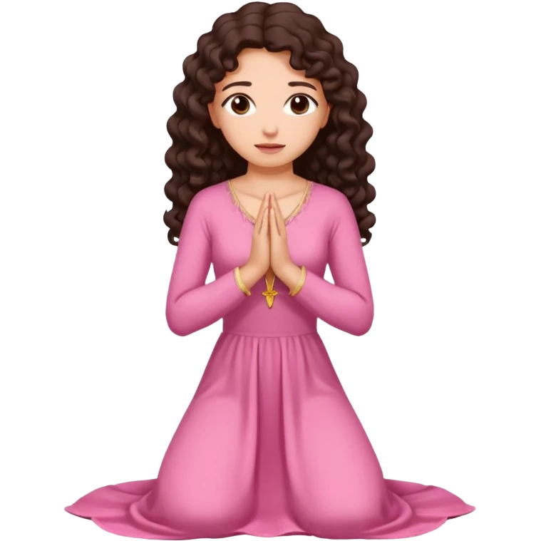A woman kneeling praying, in a long pink dress, long curly dark brown hair emoji