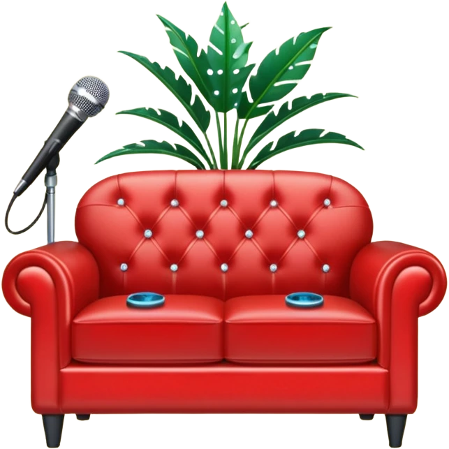 swanky red leather loveseat with a mic in front, plant in back, and sparkles emoji