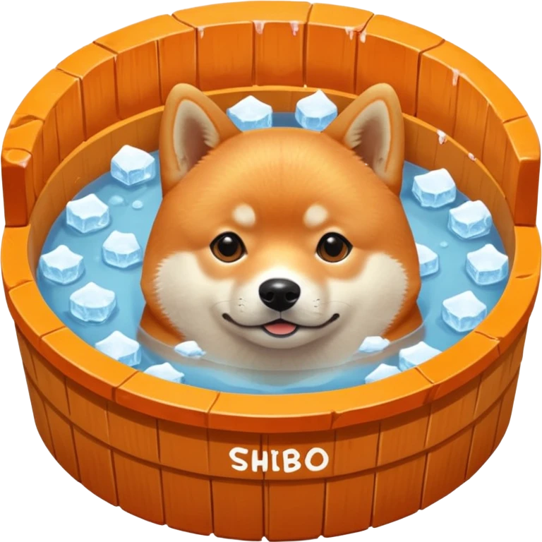 ice bath with a dog in id from wood round. write ice bath  on the ice bath and make it high quality. the dog is a shiba inu. the ice bath has a lot of ice and on the floor emoji