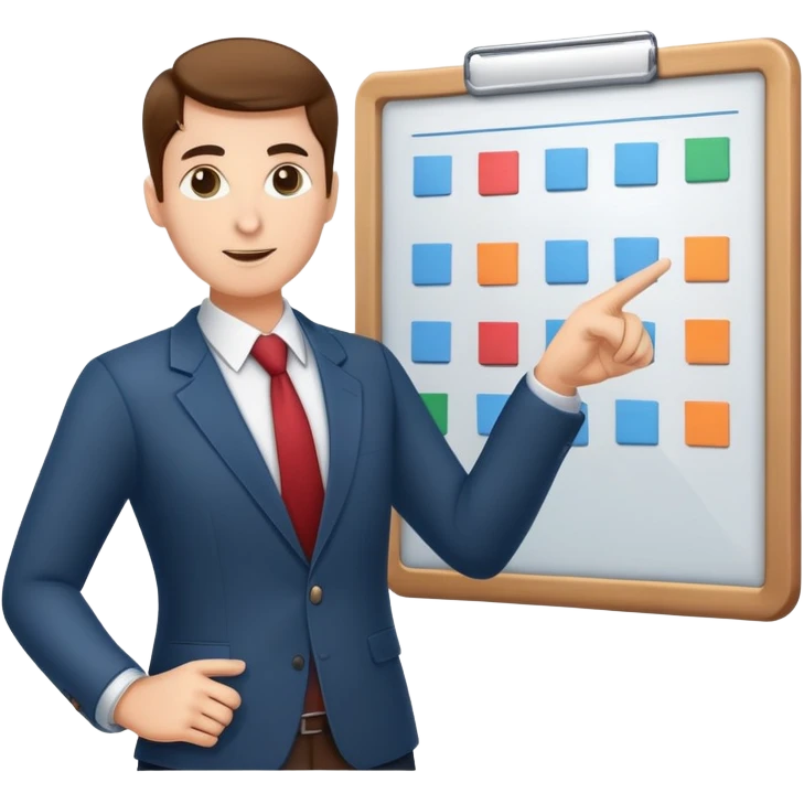 professional figure pointing at a task board or flowchart. The character wears business casual clothing emoji