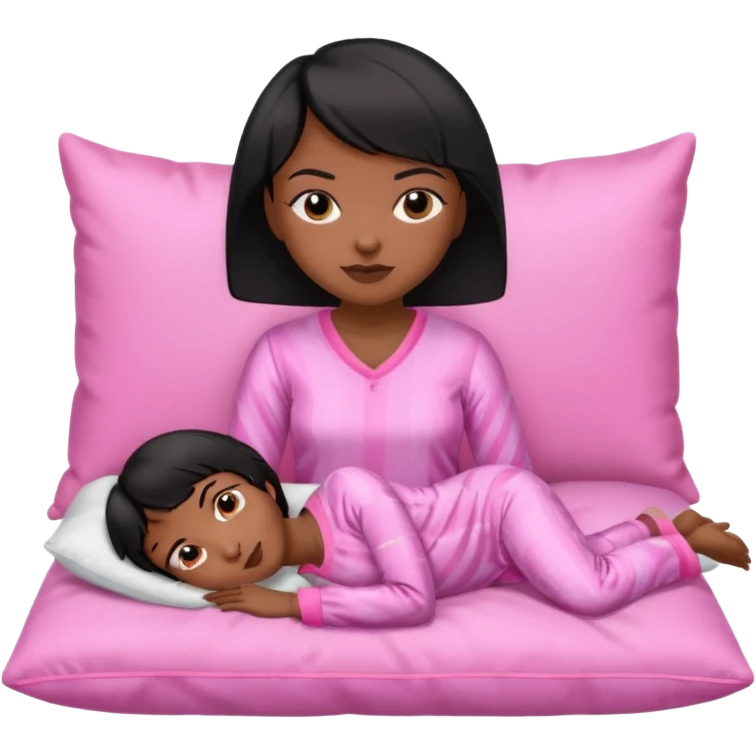 Dark skin Black woman with short  black bob  hair, pink pajamas laying on pillow just me  emoji