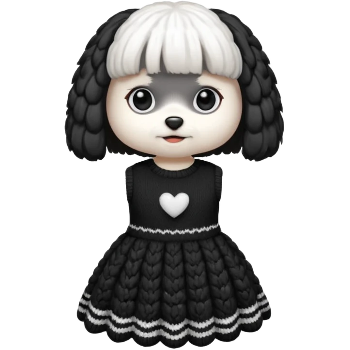 Maltese seduto in bianco e nero con vestitino in maglia emoji