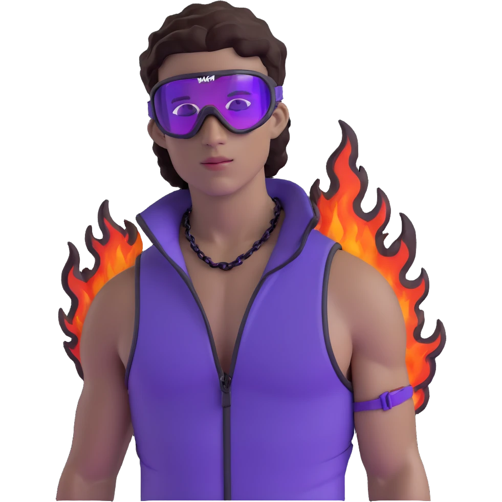male athlete with white skin and moderately curly dark brown hair on top with shaved sides, wearing ski goggles with purple frames and very dark black lenses, a simple plain black chain necklace, and a completely unzipped sleeveless vest with purple and black sequin fire pattern design with no logo, fully revealing his chest, shoulders and arms, no earrings emoji