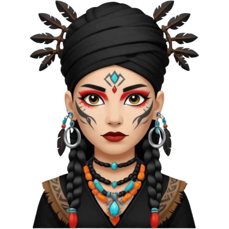 white shaman woman black clothes black accesories face tattoos emoji