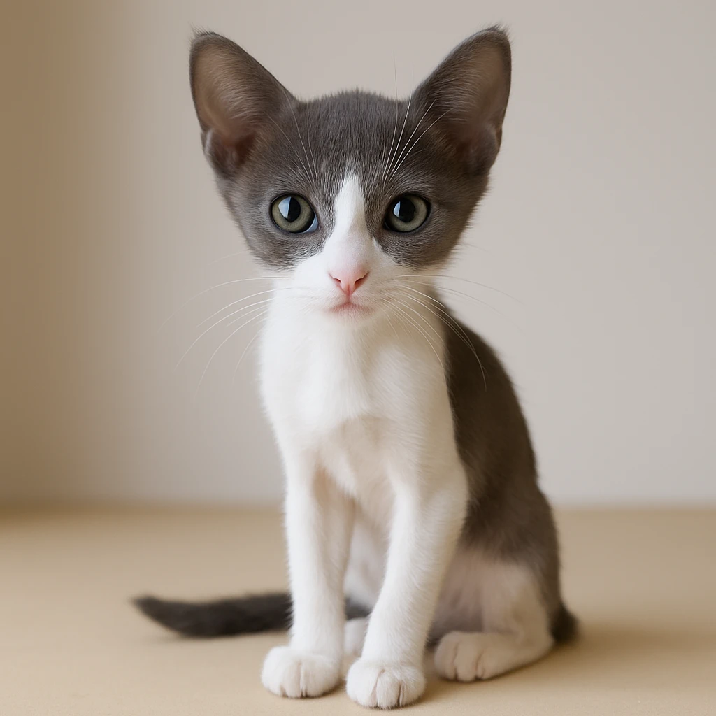 Make the kitten skinnier, keep the fur only gray on top with no stripes, white nose and underbelly, in a realistic style with lifelike details. emoji