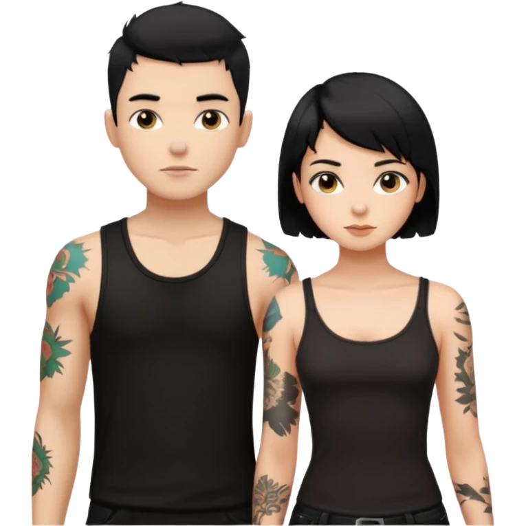 generate a fair boy with messy black hair, tattoos. standing beside a fair black haired girl wearing a black cami top and a boy with a buzz cut  emoji