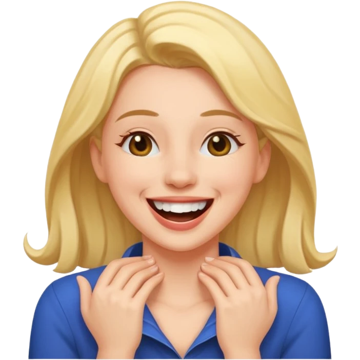 Make a woman laughing with both her hands around her neck emoji