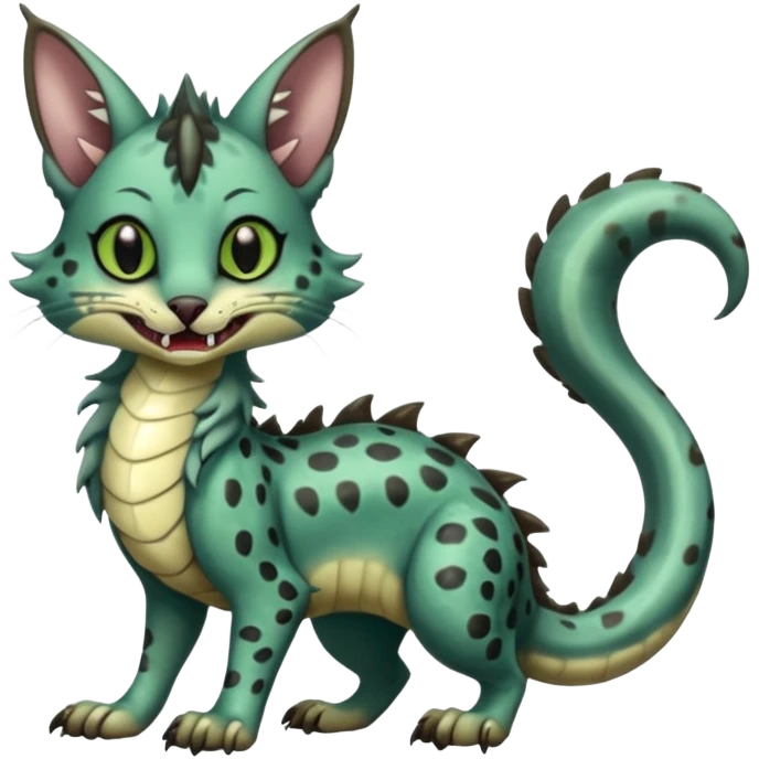 Realistic cute swampy greenish dark edgy spooky Flurry furry scary slimy oily glossy wet gloomy dusky scaly sergal-serval-possum-sphynx-Koi-sergal-fusion-animal-hybrid-creature with a snake-tail emoji
