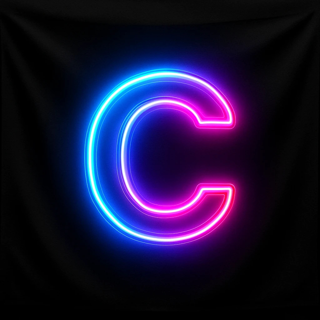 a flag with a neon letter C, vibrant neon colors, black background emoji