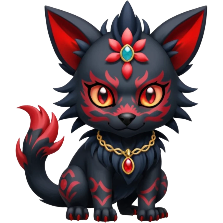Asian-painted tattooed oriental Floral gothic edgy emo cool and ruby-jewelry-adorned Absol-Litten-Zorua-Houndour-fusion-Fakemon-animal-creature  emoji