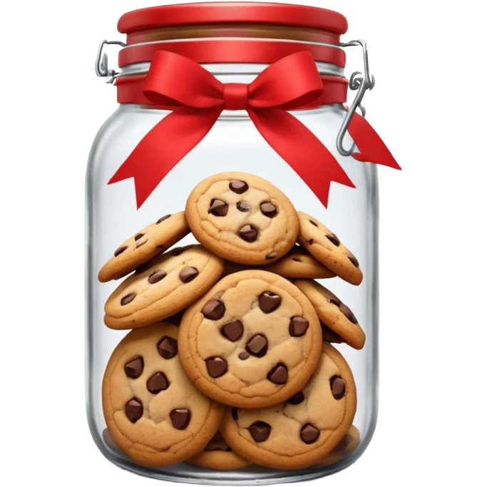 A chewy chocolate chip cozy cookie in an organized jar, saying "Cookie Jar" with some small illustrations on the jar to indicate there are cookies stored inside, a big red ribbon on the lid emoji