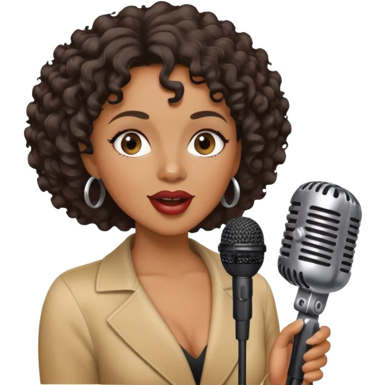 Black woman jazz singer, short curly hair, holding a microphone, singing emoji