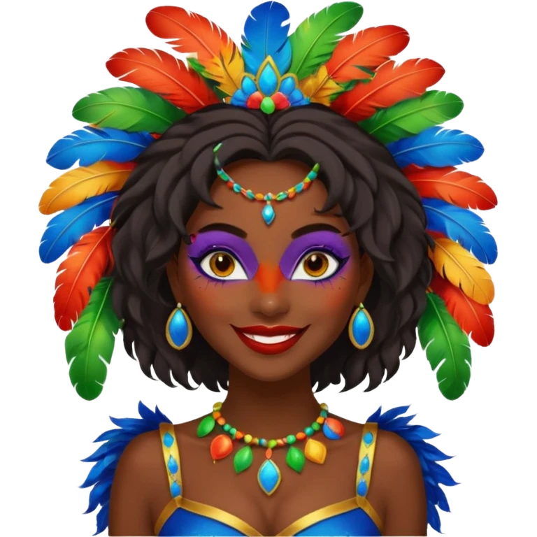 i need the same girl in "dark skin girl, dark red lipstick, nails very beautiful" to be smiling in "carnival mas costume, blue, green and orange preferably, full costume feathers at the back" she is to be smiling, hair should be dark shoulder length, black nail polish on her fingers  emoji