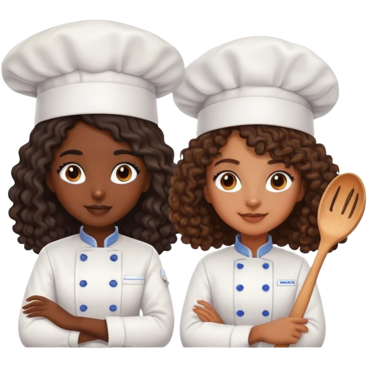 darkskin girl chef with long coily hair with brownskin girl with long curly hair chef emoji