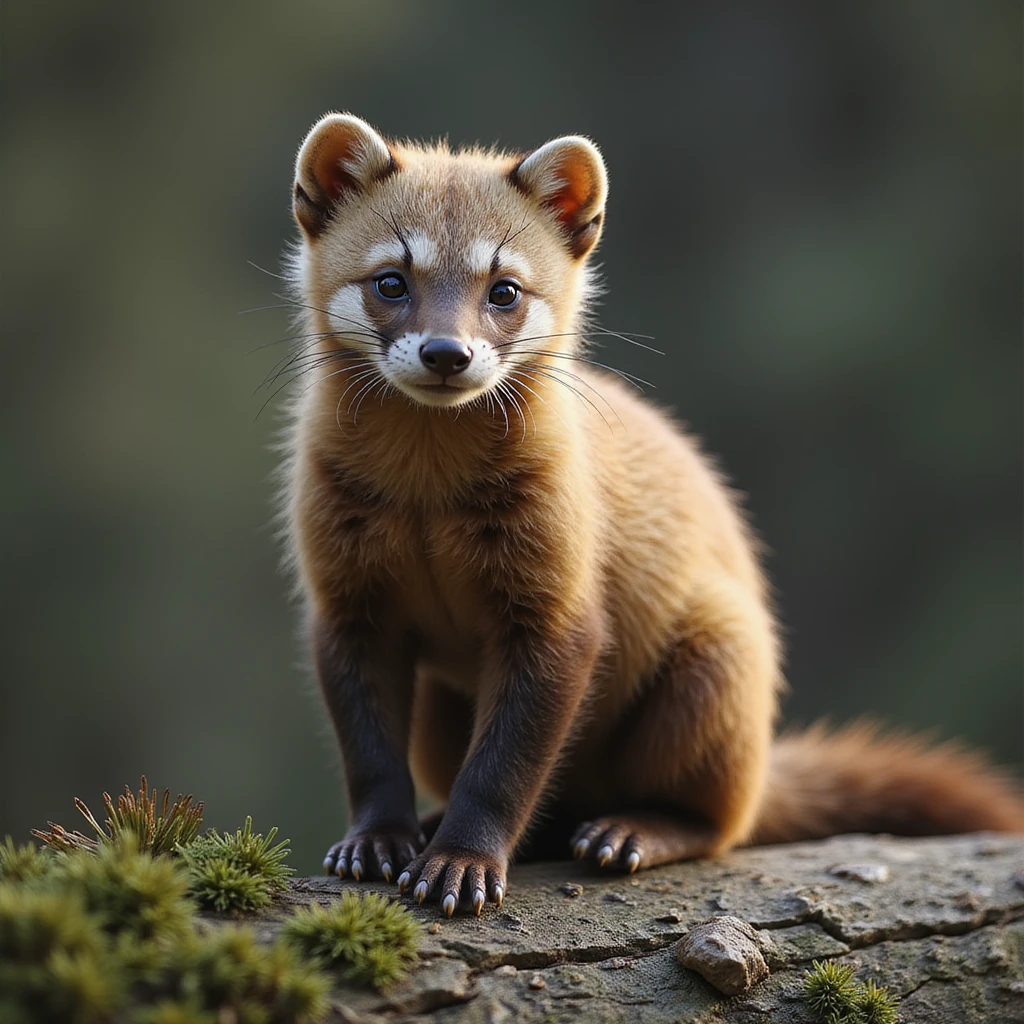 A pine marten, natural colors, soft lighting, sitting on a mossy log, photorealistic style emoji