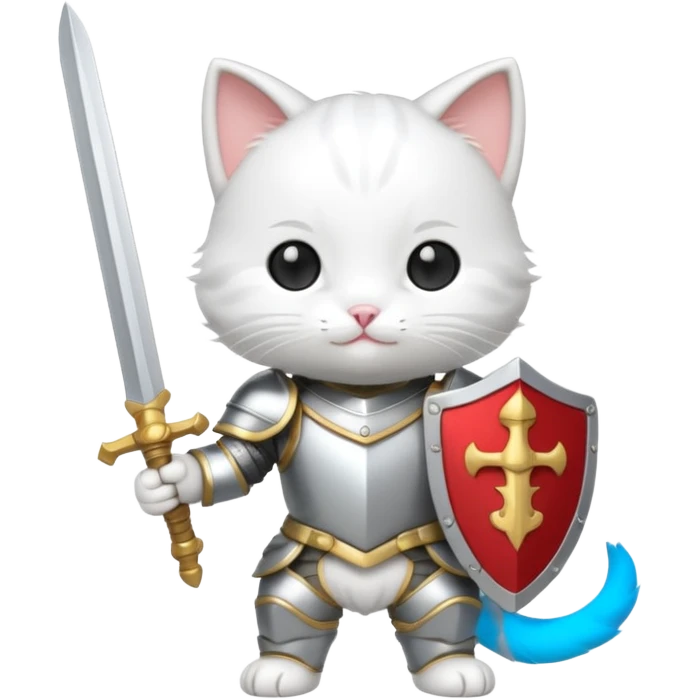 baby chibi white cat in silver armor, full body, smile, hold sword emoji