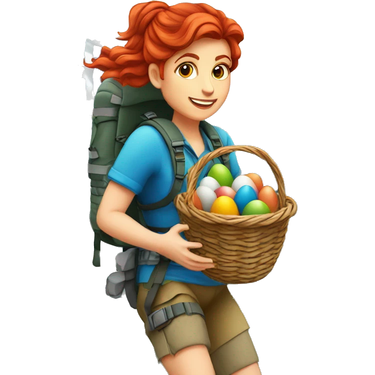 Female mountaineer red hair climbing with Easter eggsbasket and Greek flag emoji