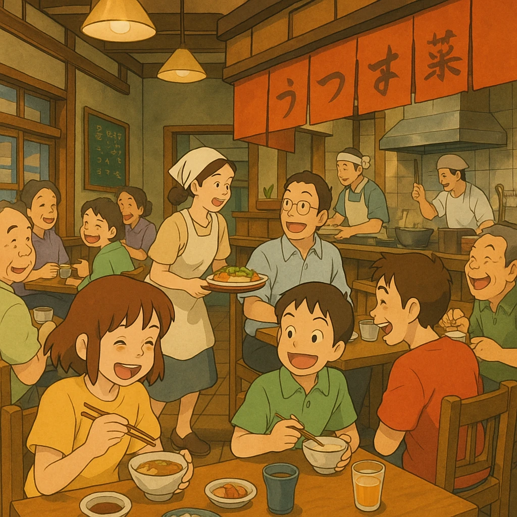 bustling anime restaurant scene with many cheerful customers, dynamic composition, Studio Ghibli style emoji