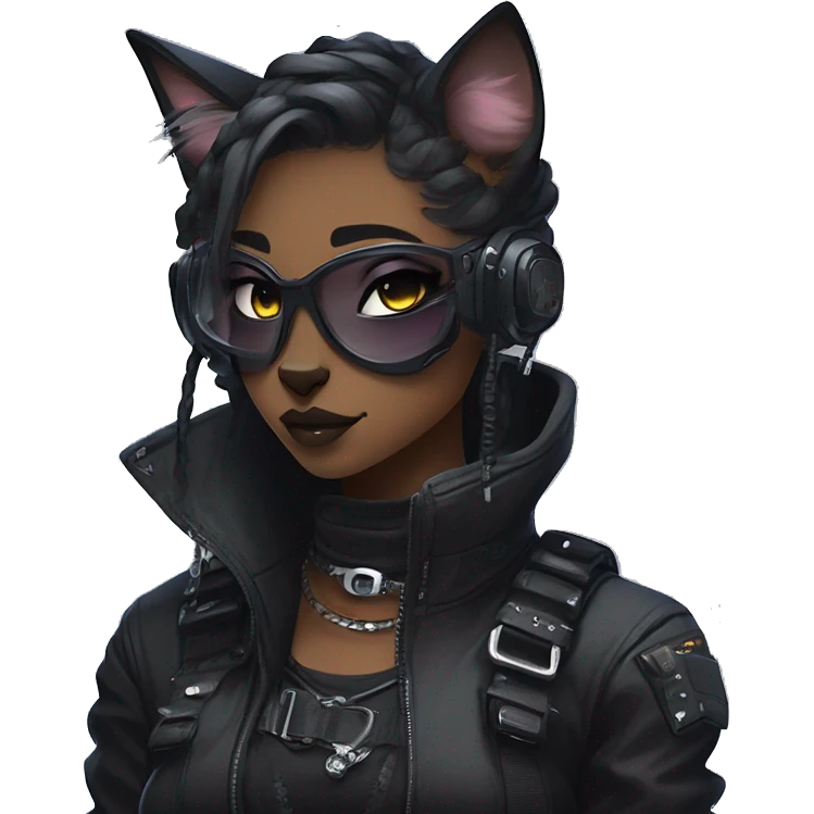 Gorgeous dark techwear cyberpunk style anthro cat sona, aesthetic, and pretty edgy black with collar and harness, trending style emoji