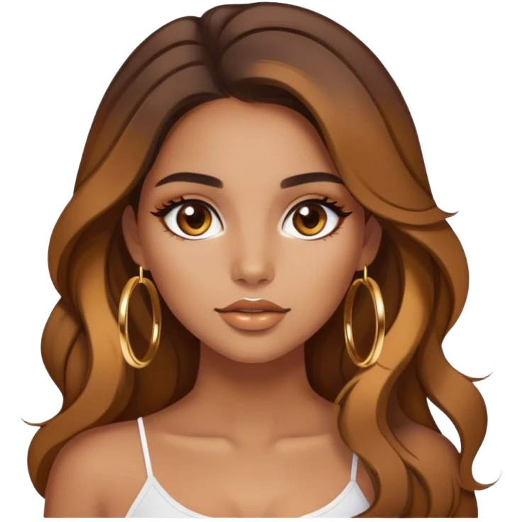 Latina girl medium tan skin with gold hoops and brown makeup beautiful hair down caramel highlights  emoji