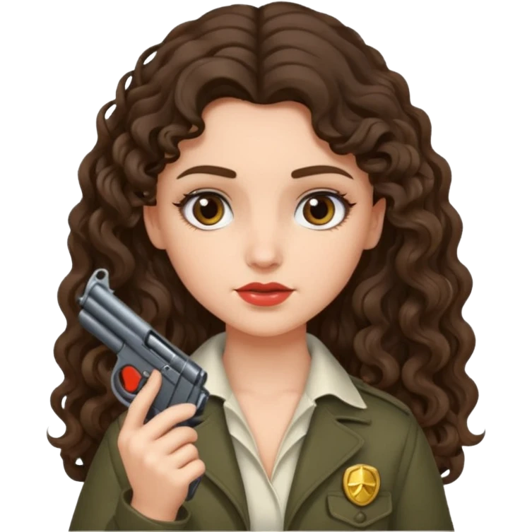 A brunette with long wavy, curly hair girl who is about to kill herself with a littlr gun pointed at her temple emoji