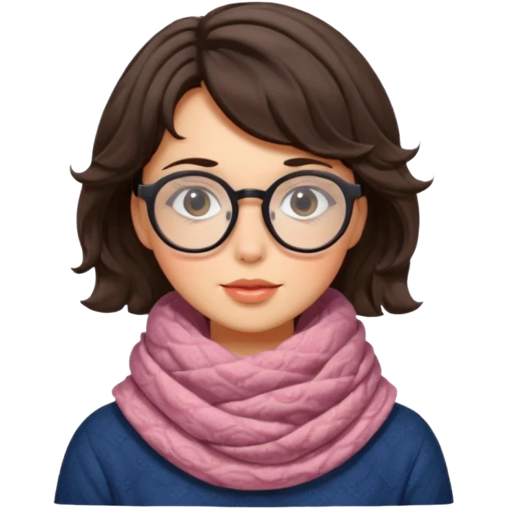 A shy brunette hair wavy short hair woman with big round glasses and thick scarf, blushing from the cold. emoji