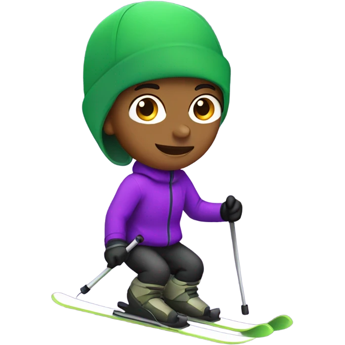Boy skiing with green skis and a purple hat emoji