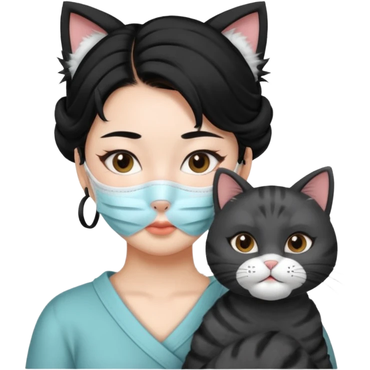 Asian girl with updo black hair and with whole facial mask pack with one cat emoji