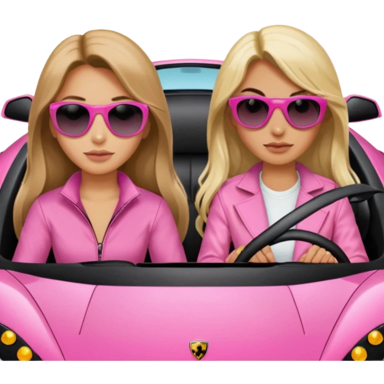 Add sunglasses full car front facing so I can see full car Car facing forward in sports car. Make hair long  two girls in car far away Front of car sitting in the seats. Make it a pink sports car. They are two baddies make it a Lamborghini pink car  emoji