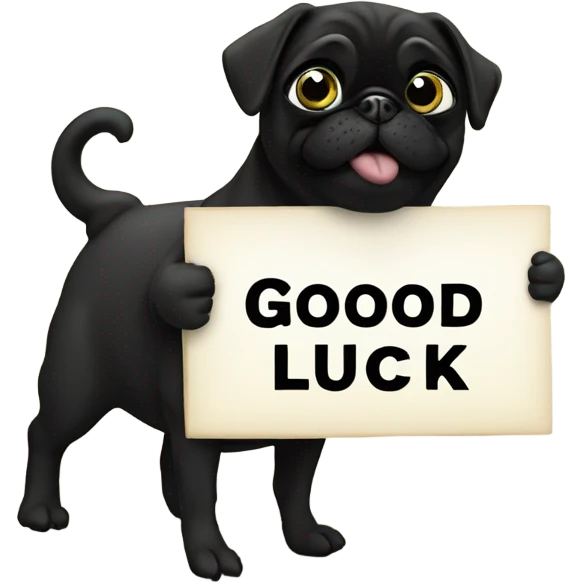 Black pug holding a sign that says good luck  emoji