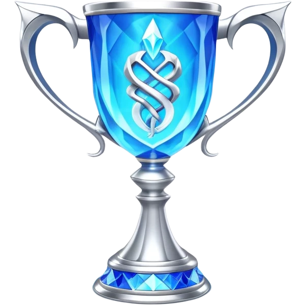 movie-accurate Triwizard Cup trophy from Harry Potter, identical to film prop, wide silver goblet with angular geometric facets, two large curved silver snake handles on opposite sides, bright ethereal blue glow emoji