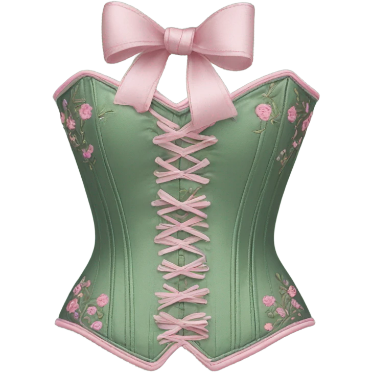 Sage green corset with flower embroidery and pink bows, isolated emoji