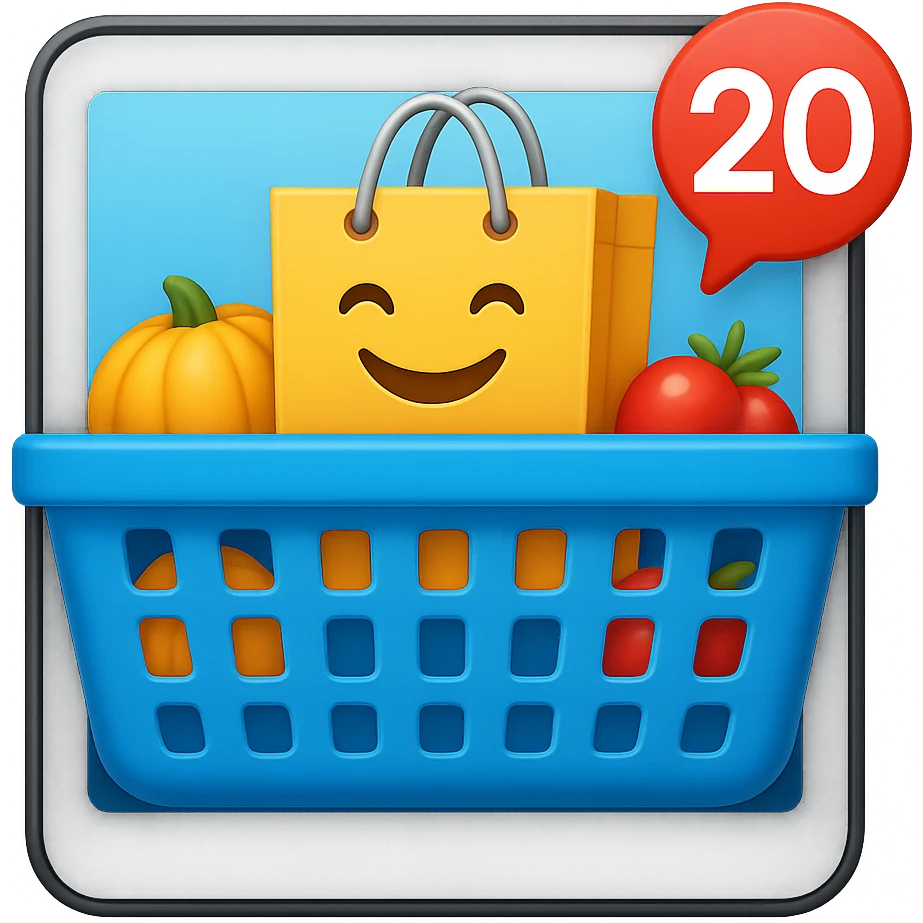 Create a high fidelity emoji style variant with smooth edges featuring a tablet instead of a monitor, keeping the shopping basket and emoji shopping bag as in the reference image. emoji