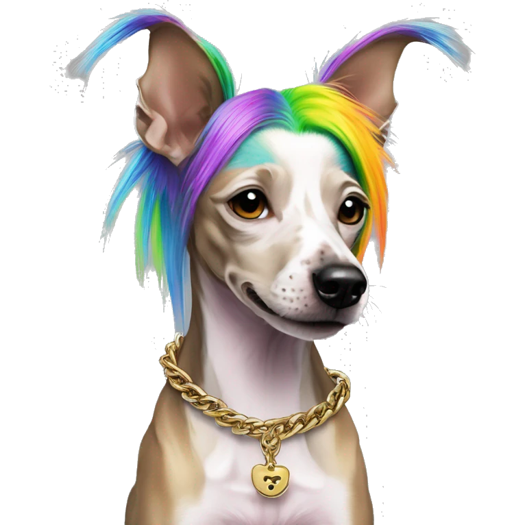Punk Chinese crested dog neon rainbow hair gold chain punk piercings tattoos punk ear piercings emoji