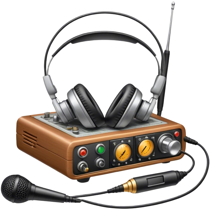 A photorealistic icon featuring a ham radio transceiver, headphones, microphone, antenna, and radio equipment like soldering tools and cables. The design includes detailed textures and realistic lighting, symbolizing the passion for amateur radio and communication. Transparent background. emoji
