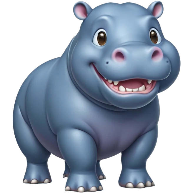 cinematic-hippo-realistic-full-body-side-view-standing-on-all-fours-emoji,-massive-round-frame,-wide-mouthed-grin-exposing-huge-teeth,-head-tilted-dramatically,-thick-greyish blue-hide-glossy, big cute eyes emoji