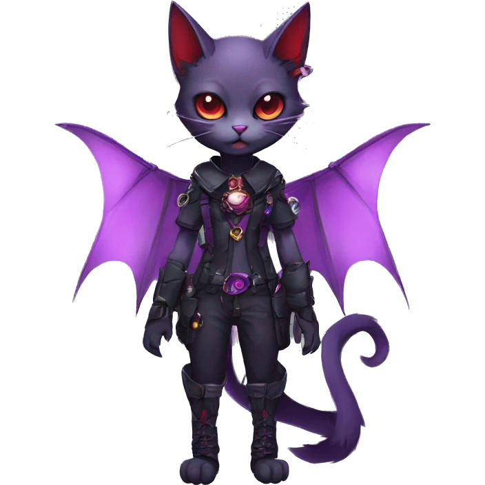 cool kawaii edgy evil techwear black purple red ethereal fantasy beautiful elegant bat-cat-Fakemon wearing legs spats a collar harness with jewelries full body emoji