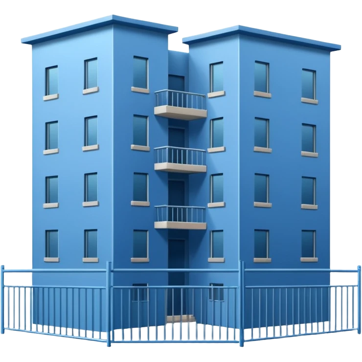 blue rectangular 9-story apartment building surrounded by fence, closed courtyard, minimal flat vector icon emoji
