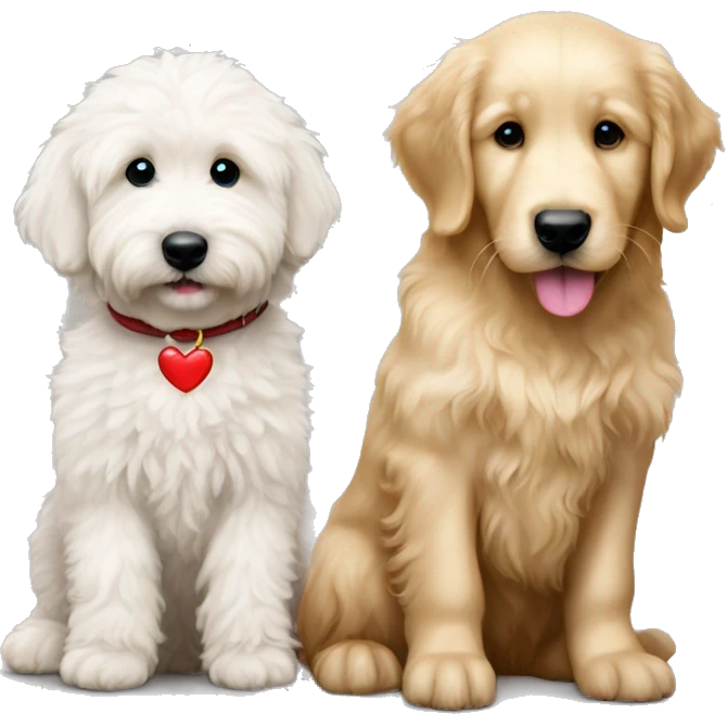 Make one of a white fluffy goldendoodle and a puppy golden retriever with a heart between them emoji