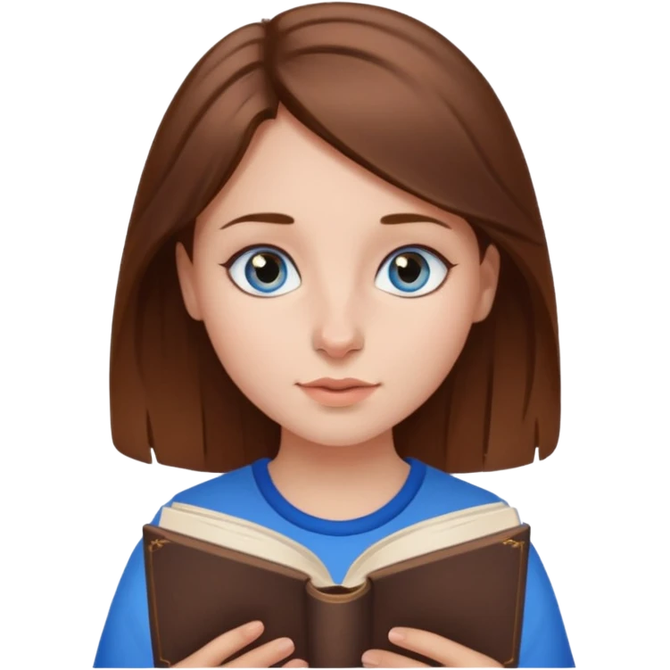 A girl with brown hair, blue eyes, and a nose piercing reading a book emoji