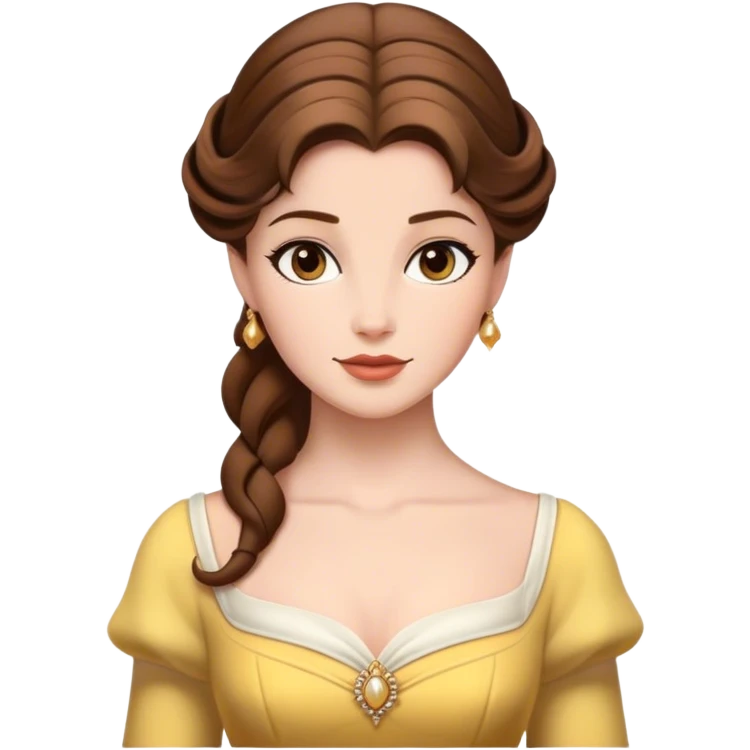 Cinematic Realistic Belle Portrait, depicted with lifelike skin texture, soft natural lighting, and intricately detailed brown hair styled elegantly. Her deep, expressive eyes exude warmth and intelligence, complemented by a serene and graceful expression. She is dressed in her classic attire, with rich fabric textures and delicate folds that catch the light beautifully. The portrait features a soft, enchanting glow with a natural, radiant finish, capturing the essence of timeless beauty in a realistic and painterly style, evoking a sense of depth and authenticity. emoji