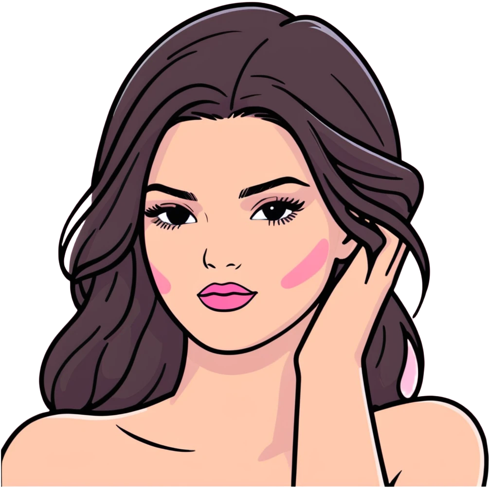 Kendall Jenner, elongated face, long flowing hair, pink glossy lipgloss, pink blush on cheeks, bare shoulders and upper body emoji