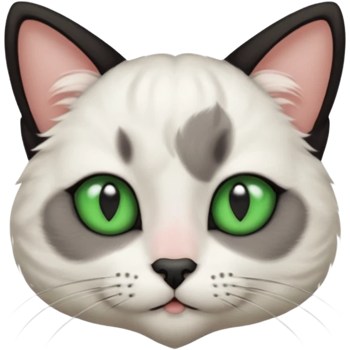 Haz una gata de ojos verdes la cara blanca con mancha negra en las orejas que agarra parte de la frente del lado der pero del iz va desde el ojo hasta la oreja la mancha, tiene la nariz negra en forma de corazón y todo lo que sobra de la cara, barbilla la nariz arriba y el lado de bigotes es blanca emoji