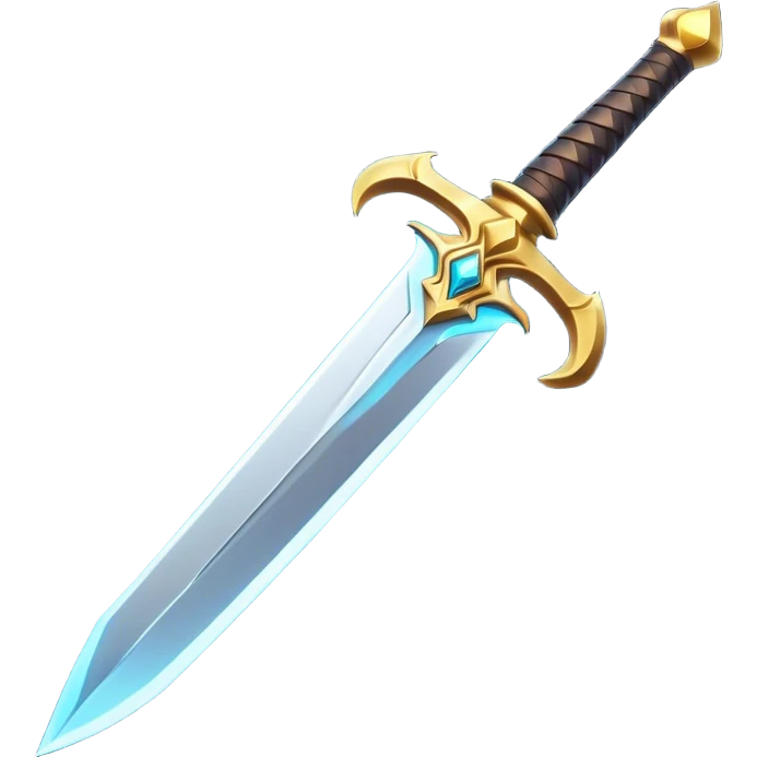 Clash of Clans aesthetic: Cinematic Playful 3D Isometric Sword Emoji, rendered in a 3D vector-style similar to standard emojis with minimal shading and bold, simplified shapes. A compact, distinct form with signature details, softly glowing with a fantasy RPG magic charm. Simplified yet unmistakably iconic, highly detailed and consistent, glowing with a soft radiance and high shine. Stylized with a touch of heroic grandeur and a soft glowing outline, capturing the essence of a beloved gaming relic with a friendly, playful manner! emoji